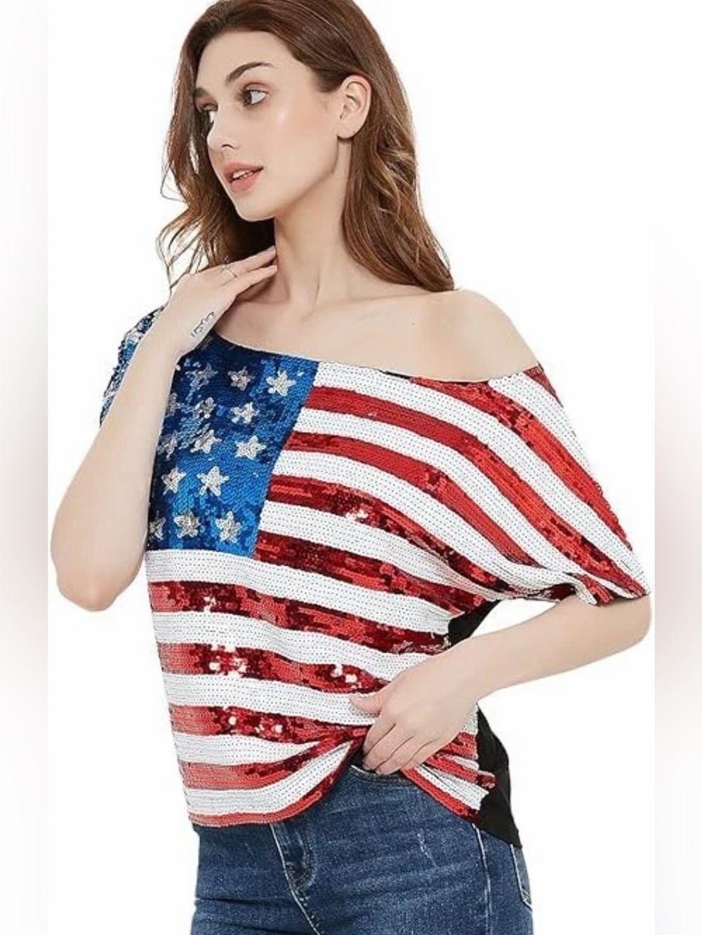 NEW Womens Anna-Kaci Sequins American Flag Patriotic Off One Shoulder Top Size L